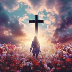 silhouette rate women standing in dreamy wonderland flowers field , looking up at widely dreamy clouds colorful sky , big cross crusifix hight on sky with god light