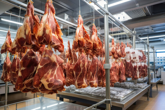 Meat processing plant. Hanging meat in the production hall. The arrival of jamon or cold cuts. Natural fresh meat product. Production of pork or beef at the enterprise.