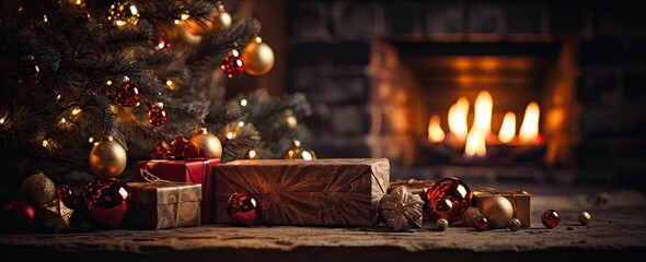 Decorated xmas table with Merry Christmas gifts in cozy Santa home interior, banner. Happy New Year presents boxes in workshop late in night with lights on xmas tree, holiday eve background. - obrazy, fototapety, plakaty