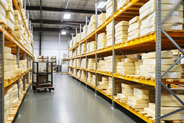A large production room filled with many racks and shelves with different types of cheese. The cheese matures in a special room at the factory. Cheese production and storage.