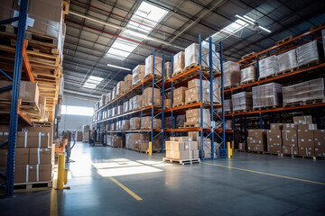 A large warehouse filled with neatly stacked boxes. Selective focus. Large space for storing and moving goods. Logistics. Trade in the modern world.