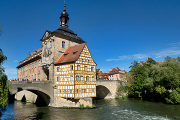 Bamberg, Germany, September 20th 2023: old town hall. Bamberg has one of the largest intact historic town centres in Germany - obrazy, fototapety, plakaty