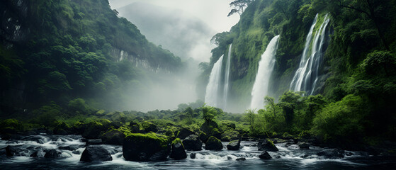 Scenic View of a Majestic Waterfall Surrounded by Fog, Generative AI