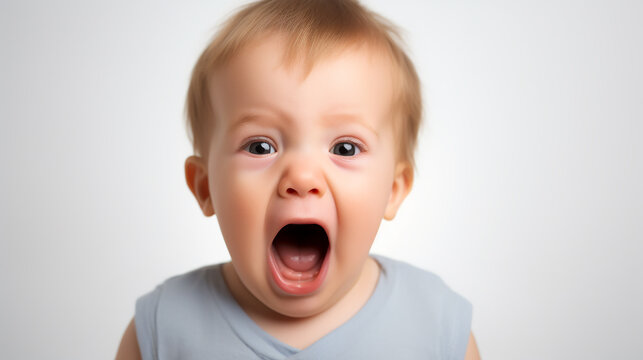 A close-up shot of an adorable baby boy shouting, isolated on a white background. Generative AI.