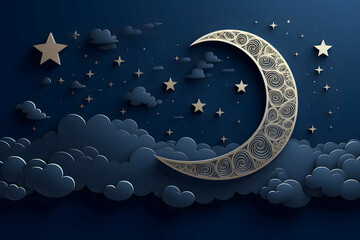 Obraz na płótnie Canvas papercut style crescent moon cloudy star dark blue background