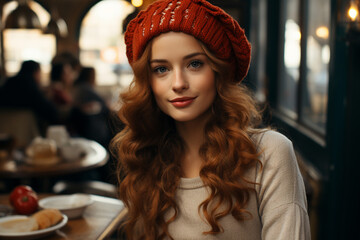 portrait of beautiful woman in red hat in cafe