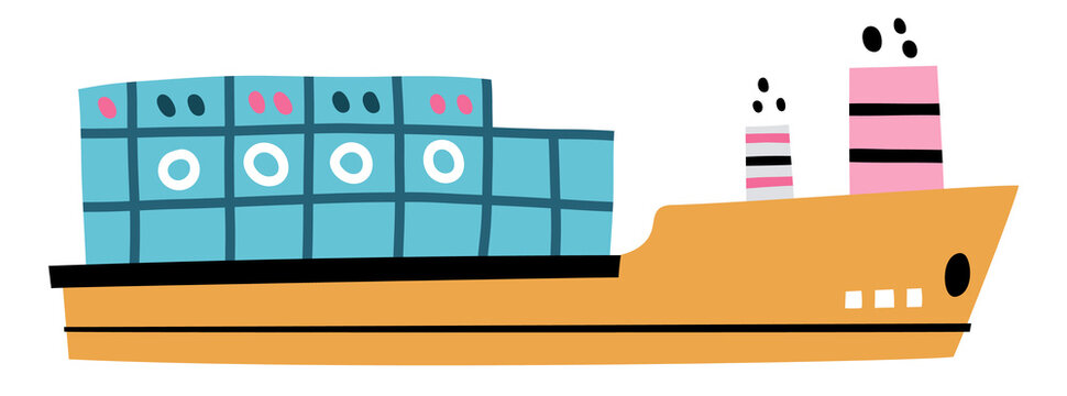 Cargo ship in cute childish style. Funny marine boat
