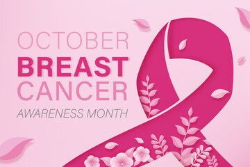 Woman breast cancer awareness month background with pink ribbon symbol decoration - obrazy, fototapety, plakaty