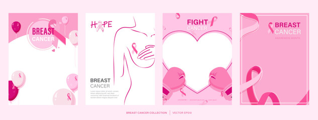 Woman breast cancer awareness month poster backgrounds with copy space, set of four