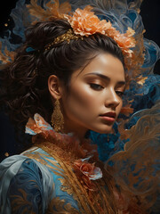 surreal portrait of a girl with decorations on her face and body, abstract creations and colors