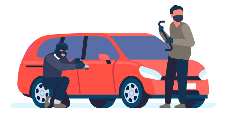 Car stealing. Thieves breaking auto door lock