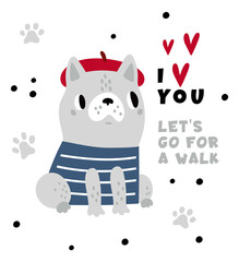 Love you card with cute pug dog. Pet poster