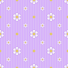 In this seamless pattern, large white flowers and yellow stamens are interspersed with smaller ones. A background with pastel purple vertical stripes alternating light and dark colors.