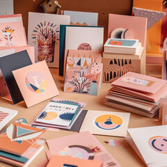 A pile of greeting cards with various designs 
