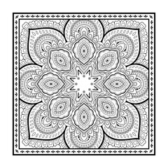 Decorative pattern of flowers and paisley for printing on fabric. Ornament for a bandana, a silk neckerchief, a tablecloth or a kerchief. Square sketch in tribal or oriental style.
