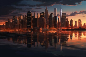 Fototapeta premium Ai Generated A cityscape at twilight with buildings and reflection