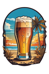 Cold beer on a tropical sandy beach with palms, a dream vacation, Generative AI