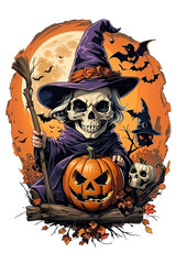 Scarecrow with witch hat surrounded by pumpkins and bats, Happy Halloween, Generative AI
