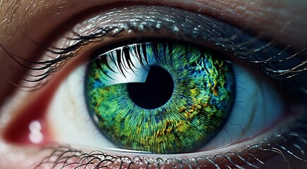 close up of a female eye, pupil of eye, close-up of green colored eye, colored eye, beautiful colored eye close up - obrazy, fototapety, plakaty