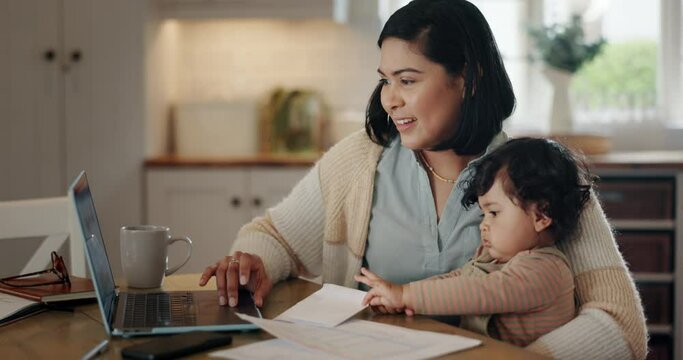 Mother, laptop and baby at desk with smile in home for remote work deadline or multitask worker. Mom, child care and life balance for career or productivity as employee, parenting or communication