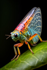 A Leafhopper displaying vibrant patterns on its wings and body, well-adapted to jumping from leaf to leaf.