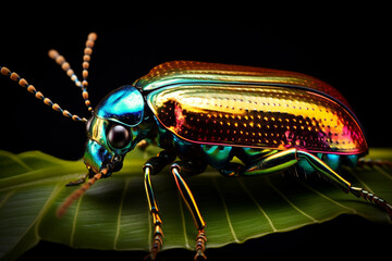 A Glistening Jewel Beetle reflecting the sunlight with its metallic exoskeleton, its iridescence creating a mesmerizing display.