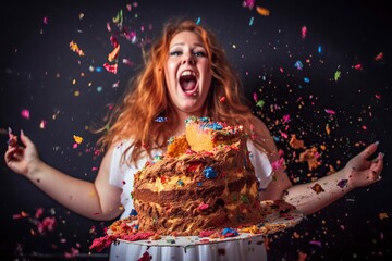 Explosion of flavors of a sweet cake, which splashes on a young obese woman, generated by AI, fictional. - obrazy, fototapety, plakaty
