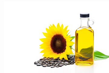 Organic sunflower oil. Glass bottle with natural sunflower oil and sunflower flower with black seeds on white background. Healthy food. Harvest and oil production. Copy space