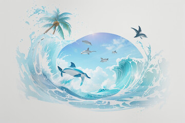 Fototapeta na wymiar 3D embossed painting of sea water and dolphins 10