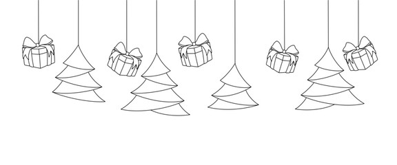 gifts and hanging pine, line art style. christmas vector elements