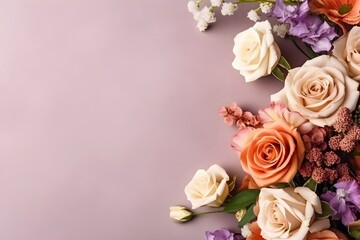 Obraz na płótnie Canvas Pink Wedding Floral banner mockup flat lay invitation card, wallpaper, wedding flowers bouquet 
