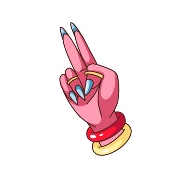 Groovy arm with V fingers vector illustration. Cartoon isolated psychedelic sticker, pink hand of hippie showing peace and victory sign, groovy inspiration mascot of retro hippy festival and youth