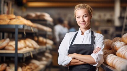 a lovely young blond bakery employee, a cheerful woman, set against the backdrop of a bakery shop filled with shelves of fresh bread