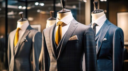 elegant man suits on mannequin dummies in modern boutique, luxury men's clothing store banner