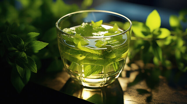 Fresh green tea with mint leaf