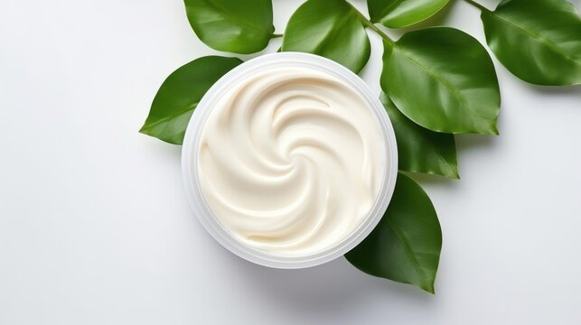 round cosmetic natural cream open jar with green leaves on white background top view with copy space