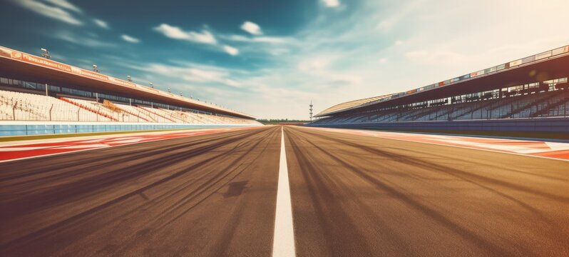 a racetrack background featuring an outdoor race track arena with no one in sight, an empty racing track with grandstands