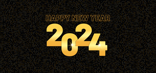 Happy New Year 2024 with gold number on black background with glitter decoration. Great to use as banners, backgrounds, invitations, greeting cards and more. Vector illustration and editable