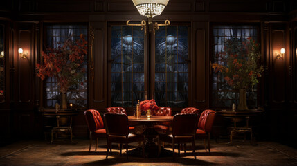 A 1920s speakeasy-inspired dining room with art deco lighting, velvet chairs and a large crystal chandelier