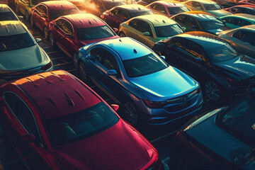 line of cars parked in the parking lot. - obrazy, fototapety, plakaty