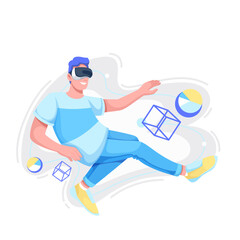 Virtual games in metaverse vector illustration. Cartoon isolated gamer character in VR glasses flying among abstract figures and virtual reality interactive holograms, experience of man in cyberspace