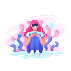 Virtual reality gaming experience vector illustration. Cartoon female gamer wearing VR headset to enjoy magic nature of alien planet in cyberspace, VR fantasy interactive game adventure of girl