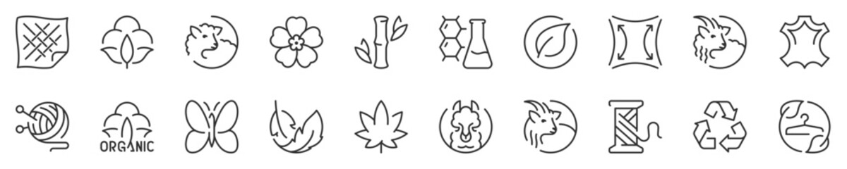 Fabric features, thin line icon set. Symbol collection in transparent background. Editable vector stroke. 512x512 Pixel Perfect.