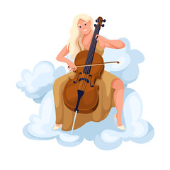 Girl playing cello, flying on clouds of sky vector illustration. Cartoon isolated happy woman in dress holding violoncello to play romantic music on fantasy cello jazz concert, female musician smiling © setory