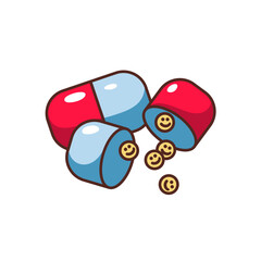 Retro happy pills sticker vector illustration. Cartoon isolated open medicine capsule with yellow emoji with smiles on faces, groovy acid pills and drugs dose for psychedelic trip on party of 70s