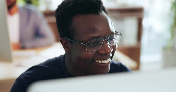 Research, smile and black man on a computer in the office reading information on the internet. Happy, technology and professional African male lawyer doing research for a legal case in the workplace.