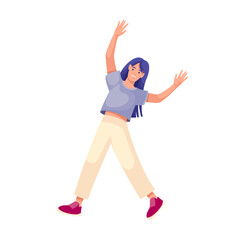 Happy woman dancing modern dance with hands up vector illustration. Cartoon isolated excited girl dancer with long hair and casual clothes jumping with fun energy and joy, energetic dance on party
