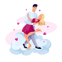 Happy couple dancing romantic dance in clouds vector illustration. Cartoon isolated excited woman and man dancers hug on sky cloud among red hearts together, young characters feeling passion and love