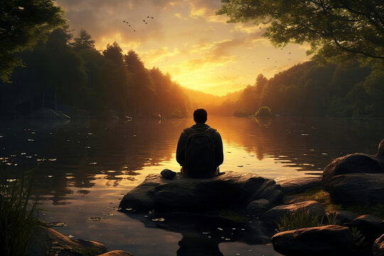 silhouette of a person meditating on a sunset near the river bank, Nature's Philosophy: Tranquil Scenes Merge Philosophical Reflections with Serene Landscapes, World Philosophy Day