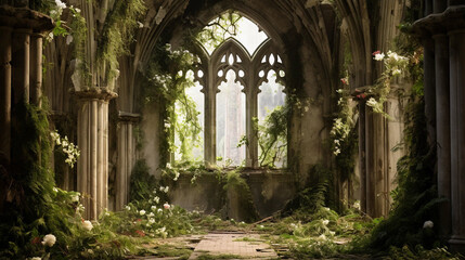 Fototapeta na wymiar The Interior of a Cathedral Overgrown with Plants and Vines with Copy Space